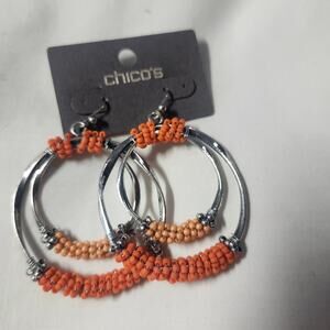 Dangle Earrings Orange Seed Beads Fish Hooks Pierced Silver Chicos B21